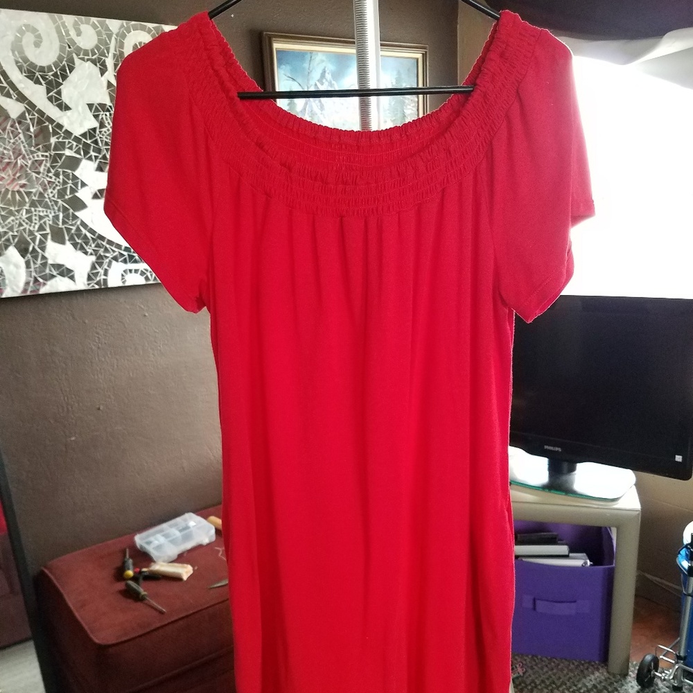 Red knee length sun dress.